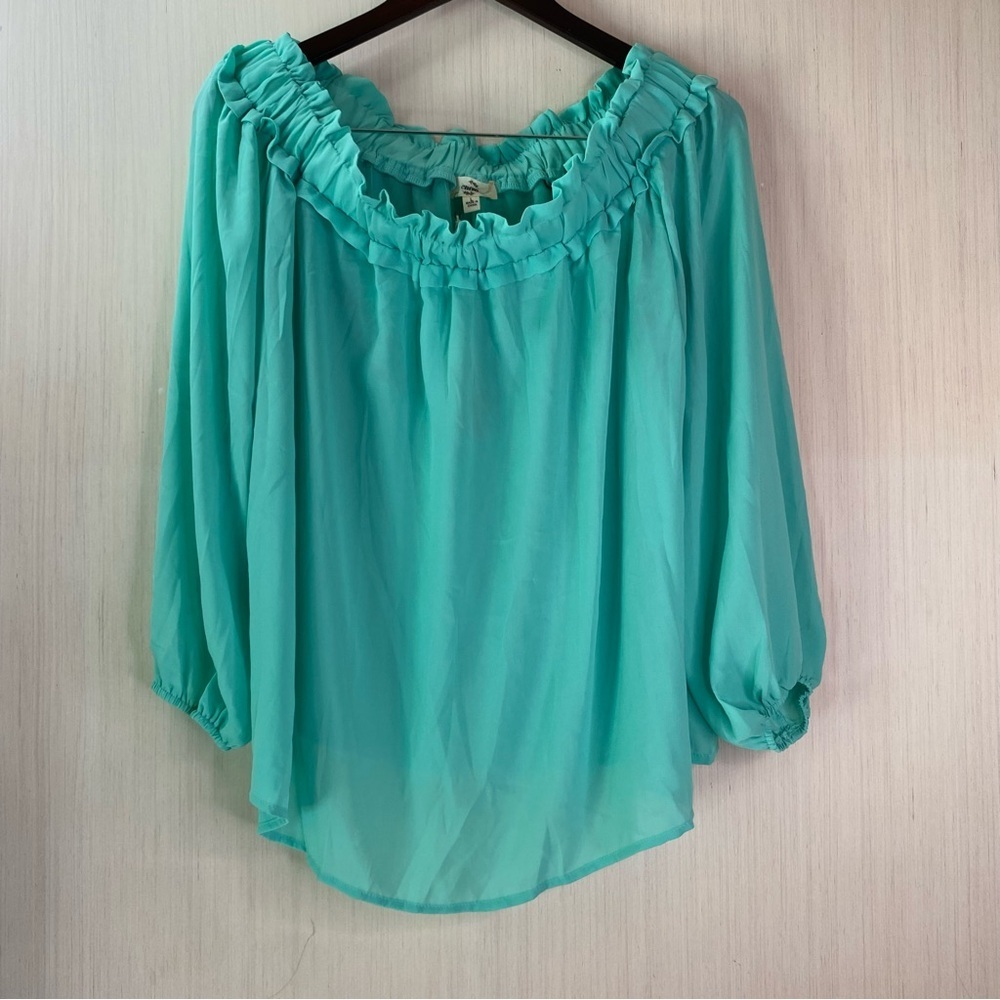 NWT Entro Women's Casual Off Shoulder Long Sleeve Ruffle Chiffon Blouse Blue L